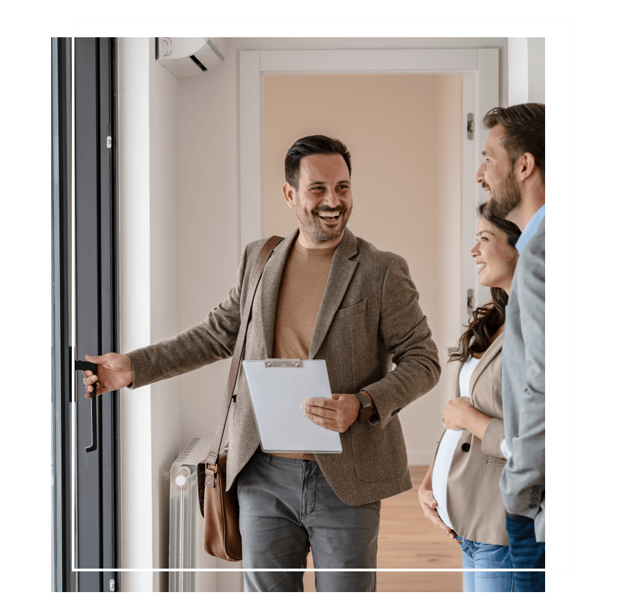 Three people wearing casual business clothes going into a meeting